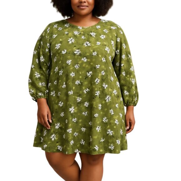 New Look Green White Floral Long Puff Sleeve Crew Neck Mini Shift Dress Size 22 - Picture 1 of 6